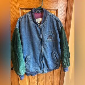 Vintage Denim Bomber Jacket Arizona Jean Co Varsity Green Suede Sleeves Sz L 90s